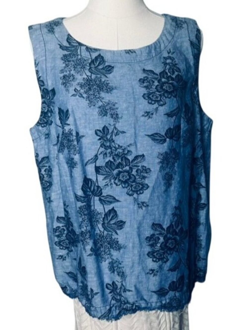Blue Floral Linen Blend Sleeveless Top Womens L Coastal Resort Embroidered